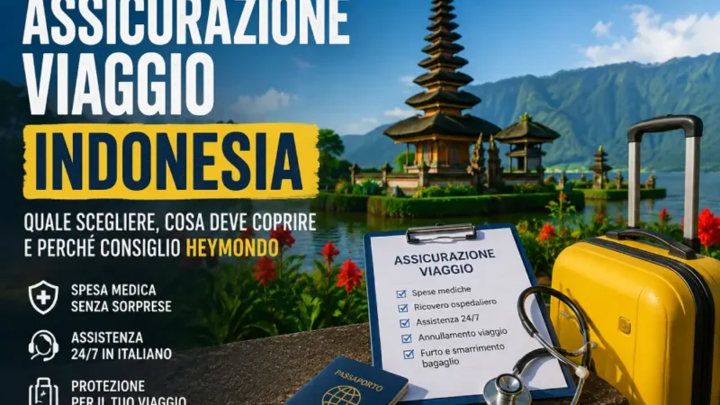 Assicurazione viaggio Indonesia con tempio di Bali, valigia e kit medico