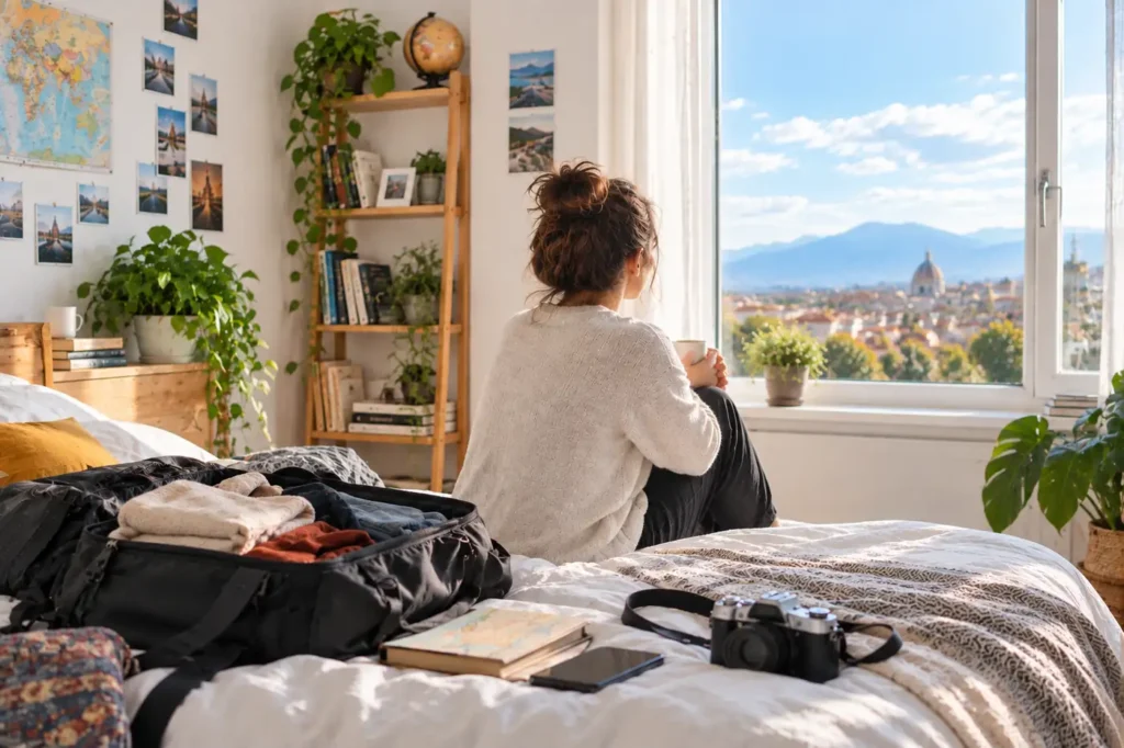 ragazza su un letto indecisa che prepara le valigie