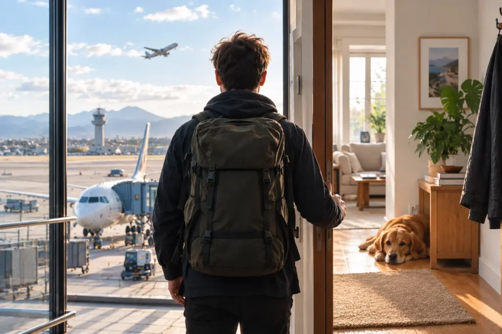 Persona in bilico tra casa e aeroporto