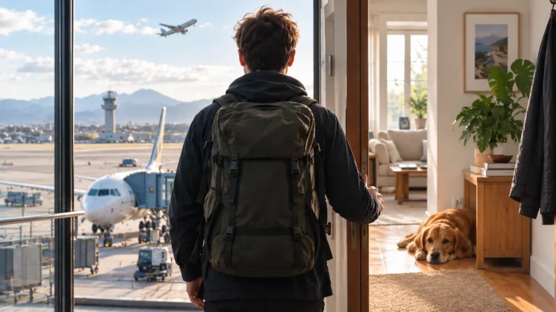 Persona in bilico tra casa e aeroporto